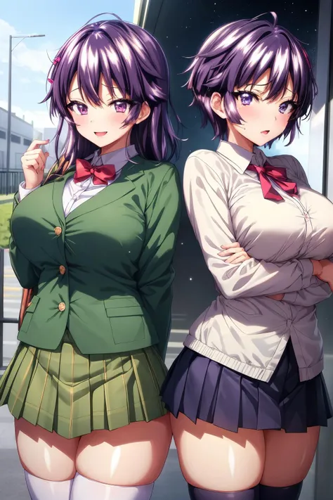 Alien-themed ((Best quality)), ((masterpiece)), ((perfect composition)), ((perfect anatomy)), illustration, high-res, prefect lighting, dynamic angle, (((clean and clean))), absurdres, uncreditable absurdres, (((clean and clean))), 2girls, (yuri), multiple girls, ((from side)), railway, kissing
AND
<lora:ChizuruchanKaihatsuNikki-08:0.5:20>, 2girls, chizuruchankaihatsunikki, standing, from side, explicit, no panties, pussy, orgasm, {captured|kissed|grabbed|hugged}, purple hair, long hair, hairclip, purple-red_eyes, large breasts, school uniform, ((green_jacket)), white_shirt, red_bow, (green_pleated_skirt), red_collar, ((zettai ryouiki)), open mouth, happy, enchanting expressionless, enjoying, weird smiling, happiness, confident, outdoor, railway, green
AND
<lora:MakochanKaihatsuNikki-08:0.5>, 2girls, makochankaihatsunikkininibe, focus girl, from side, nsfw, tomboy, short hair, purple-blue hair, blue_eyes, large breasts, standing, no_panties, pussy, skirt, ((zettai ryouiki)), female masturbation, showing off pussy, scowling, screaming, fear, tear, suggestive fluid, railway, (detailed face description), (detailed eyes description), advanced cg, amazing quality, octane rendering, size difference:0.85, opened shirt, detailed hands, breasts grabbed.
<lora:add_detail:0.35> <lora:rainbow:0.15> <lora:multipleGirlsGroup_v10:0.35> . Extraterrestrial, cosmic, otherworldly, mysterious, sci-fi, highly detailed