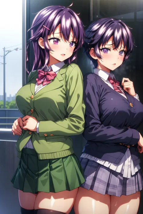 ((Best quality)), ((masterpiece)), ((perfect composition)), ((perfect anatomy)), illustration, high-res, prefect lighting, dynamic angle, (((clean and clean))), absurdres, uncreditable absurdres, (((clean and clean))), 2girls, (yuri), multiple girls, ((from side)), railway, kissing
AND 
<lora:ChizuruchanKaihatsuNikki-08:0.5:20>, 2girls, chizuruchankaihatsunikki, standing, from side, explicit, no panties, pussy, orgasm, {captured|kissed|grabbed|hugged}, purple hair, long hair, hairclip, purple-red_eyes, large breasts, school uniform, ((green_jacket)), white_shirt, red_bow, (green_pleated_skirt), red_collar, ((zettai ryouiki)), open mouth, happy, enchanting expressionless, enjoying, weird smiling, happiness, confident, outdoor, railway 
AND 
<lora:MakochanKaihatsuNikki-08:0.5>, 2girls, makochankaihatsunikkininibe, focus girl, from side, nsfw, tomboy, short hair, purple-blue hair, blue_eyes, large breasts, standing, no_panties, pussy, skirt, ((zettai ryouiki)), female masturbation, showing off pussy, scowling, screaming, fear, tear, suggestive fluid, railway, (detailed face description), (detailed eyes description), advanced cg, amazing quality, octane rendering, size difference:0.85.
<lora:add_detail:0.35> <lora:rainbow:0.15> <lora:multipleGirlsGroup_v10:0.35>