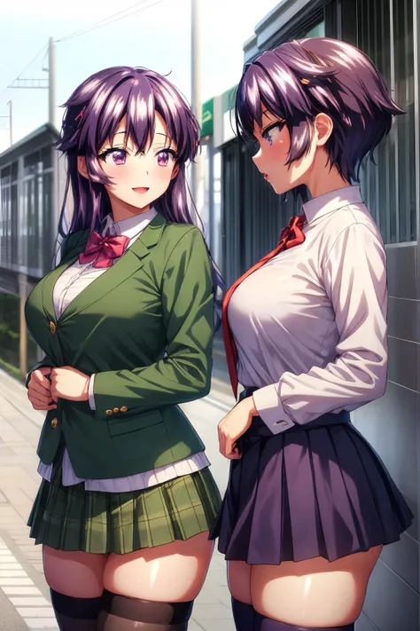 ((Best quality)), ((masterpiece)), ((perfect composition)), ((perfect anatomy)), illustration, high-res, prefect lighting, dynamic angle, (((clean and clean))), absurdres, uncreditable absurdres, (((clean and clean))), 2girls, (yuri), multiple girls, ((from side)), railway, kissing
AND 
<lora:ChizuruchanKaihatsuNikki-08:0.5:20>, 2girls, chizuruchankaihatsunikki, standing, from side, explicit, no panties, pussy, orgasm, {captured|kissed|grabbed|hugged}, purple hair, long hair, hairclip, purple-red_eyes, large breasts, school uniform, ((green_jacket)), white_shirt, red_bow, (green_pleated_skirt), red_collar, ((zettai ryouiki)), open mouth, happy, enchanting expressionless, enjoying, weird smiling, happiness, confident, outdoor, railway 
AND 
<lora:MakochanKaihatsuNikki-08:0.5>, 2girls, makochankaihatsunikkininibe, focus girl, from side, nsfw, tomboy, short hair, purple-blue hair, blue_eyes, large breasts, standing, no_panties, pussy, skirt, ((zettai ryouiki)), female masturbation, showing off pussy, scowling, screaming, fear, tear, suggestive fluid, railway, (detailed face description), (detailed eyes description), advanced cg, amazing quality, octane rendering, size difference:0.85.
<lora:add_detail:0.35> <lora:rainbow:0.15> <lora:multipleGirlsGroup_v10:0.35>