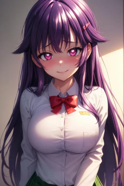 Yatogami tohka, school uniform, blazer, cleavage, medium breasts, best quality, long hair, pony tail, red ribbon hair, masterpiece, highres, best quality, blush, smile shy, sexy pose, indoor, chair, classroom, window, pleated skirt, stocking, thighhigh,