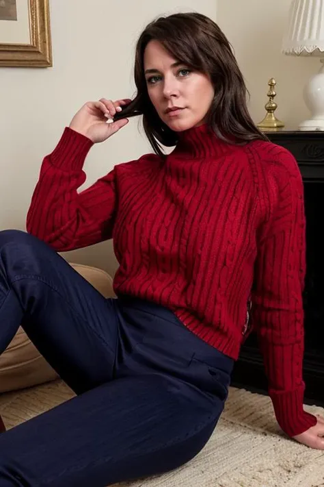 <lora:Belinda_Stewart-Wilson:1> 1girl, solo, a mature bs1873w, in a Dark Red jumper and blue pants