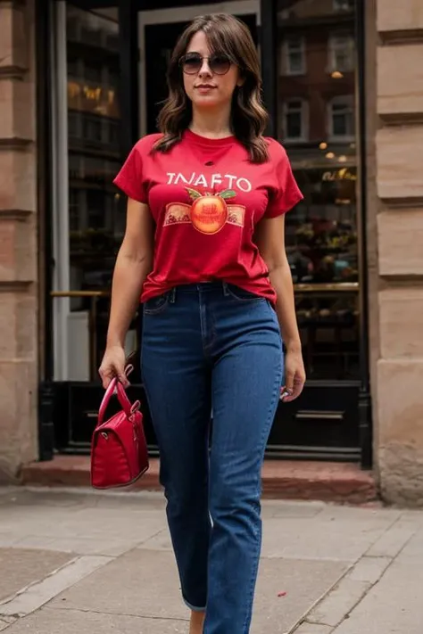 wearing a tomato tshirt, jeans, birthday party <lora:Belinda_Stewart-Wilson:1> 1girl, solo, a mature bs1873w,