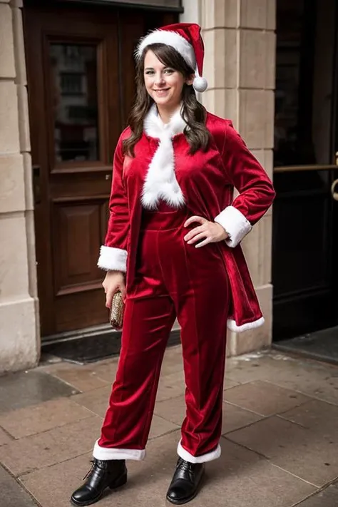 <lora:Belinda_Stewart-Wilson:1> 1girl, solo, a mature bs1873w, in a santa coat, santa jumper, santa trousers, santa hat , (SFW)