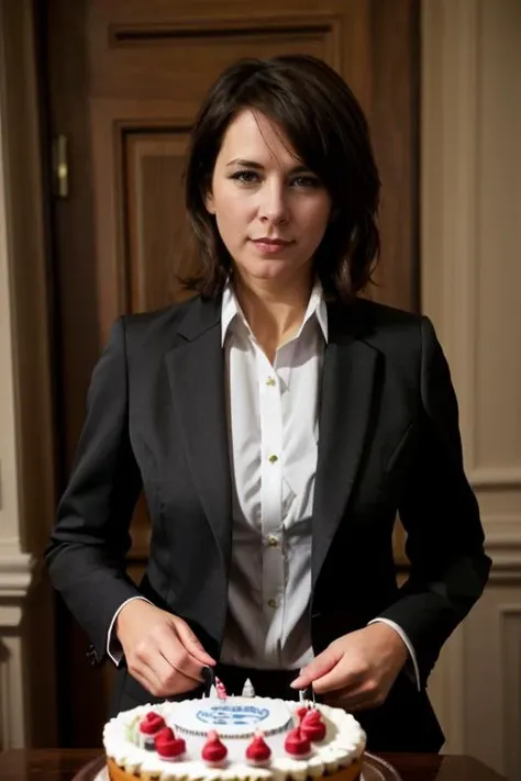 wearing a business suit, buttoned up shirt, birthday party <lora:Belinda_Stewart-Wilson:1> 1girl, solo, a mature bs1873w,