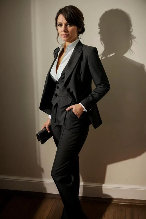 a stylish woman in a sharp black with white suit underneath standing with swagger while laying all ontop of multiple girls laying around her their legs visible in the frame, adding to the opulent atmosphere, fashion,elegant,glamorous posture studio light glowing warm on her face (best quality,4k,8k,highres,masterpiece:1.2),ultra-detailed,(realistic,photorealistic,photo-realistic:1.37),HDR,UHD,studio lighting,ultra-fine painting,sharp focus,physically-based rendering,extreme detail description,professional,vivid colors,bokeh,portrait,high fashion,elegant,glamorous,cinematic,dramatic lighting,moody,mysterious,sensual,sophisticated