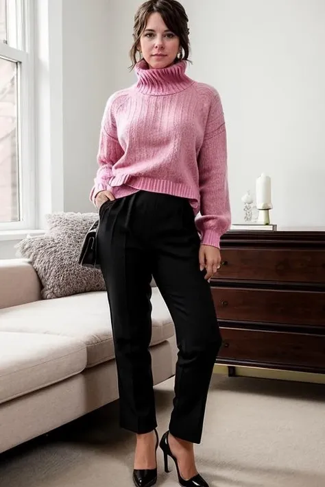 <lora:Belinda_Stewart-Wilson:1> 1girl, solo, a mature bs1873w, in a Sweet Pink jumper and black pants