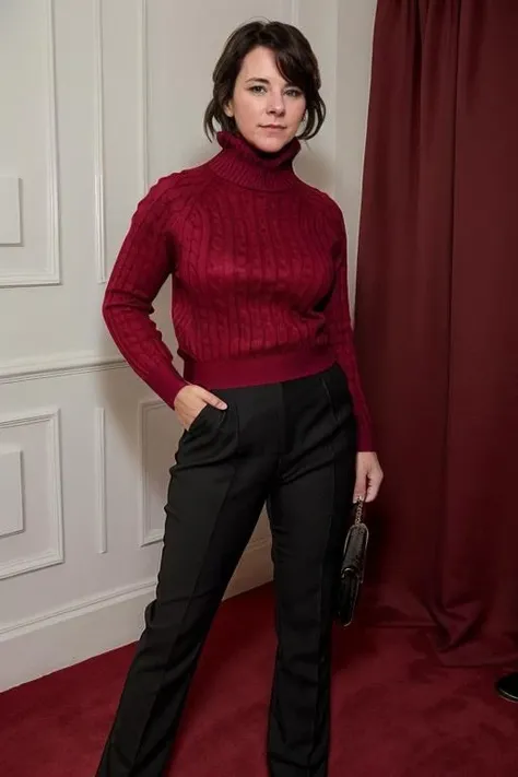 <lora:Belinda_Stewart-Wilson:1> 1girl, solo, a mature bs1873w, in a Cherry Red jumper and black pants