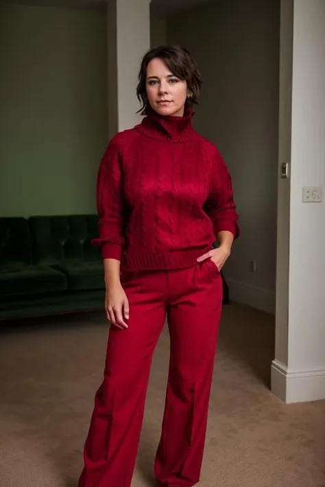 <lora:Belinda_Stewart-Wilson:1> 1girl, solo, a mature bs1873w, in a Dark Red jumper and green pants