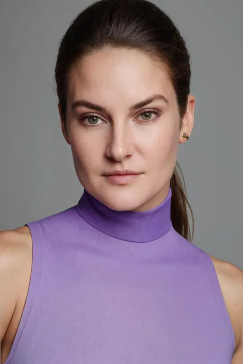 LinkedIn style portrait, face, 1girl, woman in lavender sleeveless turtleneck, simple background, soft colors, masterpiece, high quality, (high detailed skin:1.1)
 <lora:shailene_woodley_lora_v01:1> shay91
