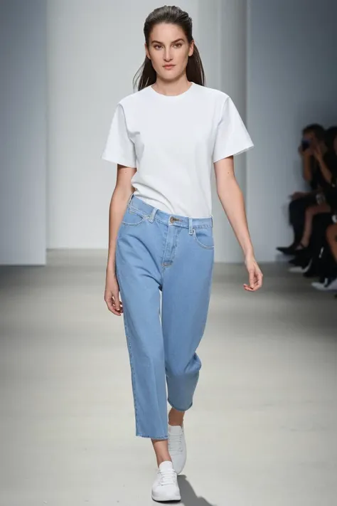 full body, solo, woman walking on a runway, (fashion show, runway:1.1), white t-shirt, blue jeans, sneakers, soft colors, bokeh, masterpiece, high quality, (high detailed skin:1.1)
<lora:shailene_woodley_lora_v01:1> shay91