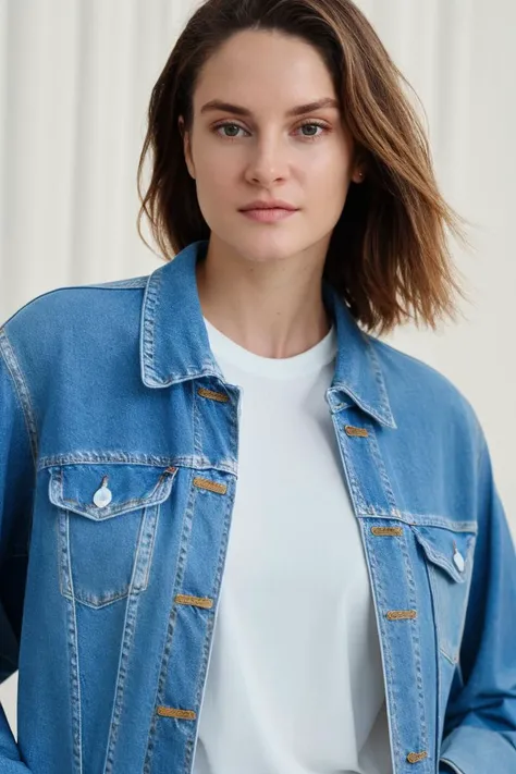 face, solo, looking at viewer, woman in denim jacket and white tee, soft colors, bokeh, masterpiece, high quality, (high detailed skin:1.1)
<lora:shailene_woodley_lora_v01:1> shay91