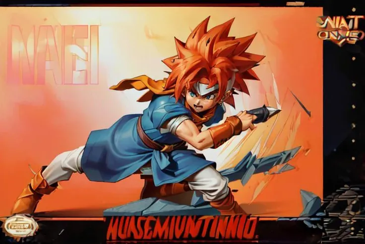 (masterpiece, best quality, highres, absurdres, ultra-detailed:1.3), <lora:Crono_CT:0.4>((Crono_CT, blue tunic, white headband, orange neckerchief, red hair, spiked hair)), (fighting stance, action scene, dynamic pose), <lora:SnesBoxArtV1:1.0>(1boy, solo, box art, cover, english text, copyright name:1.2)