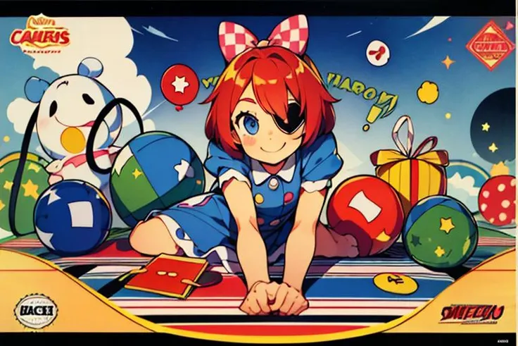 (masterpiece, best quality, highres, absurdres:1.2), <lora:Ragatha_character-20:0.4>(Ragatha, hair bow, short sleeves, dress with patches, short hair, button eyepatch), (circus, geometric shapes, checker board floor), <lora:SnesBoxArtV1:0.8>box art, logo, English text, (happy, smile)