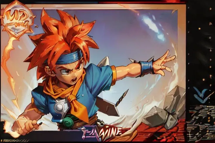 (masterpiece, best quality, highres, absurdres, ultra-detailed:1.3), <lora:Crono_CT:0.4>((Crono_CT, blue tunic, white headband, orange neckerchief, red hair, spiked hair)), (fighting stance, action scene, dynamic pose), <lora:SnesBoxArtV1:1.2>(1boy, solo, box art, cover, english text, copyright name:1.4) <lora:UnlimitedBladeWorksV1:0.8>(holding glowing sword)