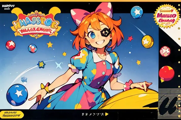 (masterpiece, best quality, highres, absurdres:1.2), <lora:Ragatha_character-20:0.4>(Ragatha, hair bow, short sleeves, dress with patches, short hair, button eyepatch), (circus, geometric shapes, checker board floor), <lora:SnesBoxArtV1:0.8>box art, logo, English text, (happy, smile)
