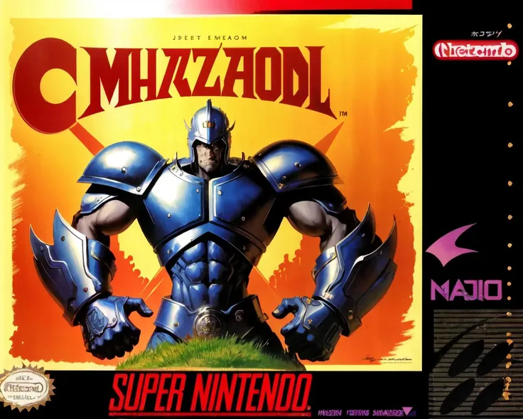 masterpiece,best quality, box art, gladiator, logo, English text, 1980s /(style/), cover, <lora:SnesBoxArtV1:1>