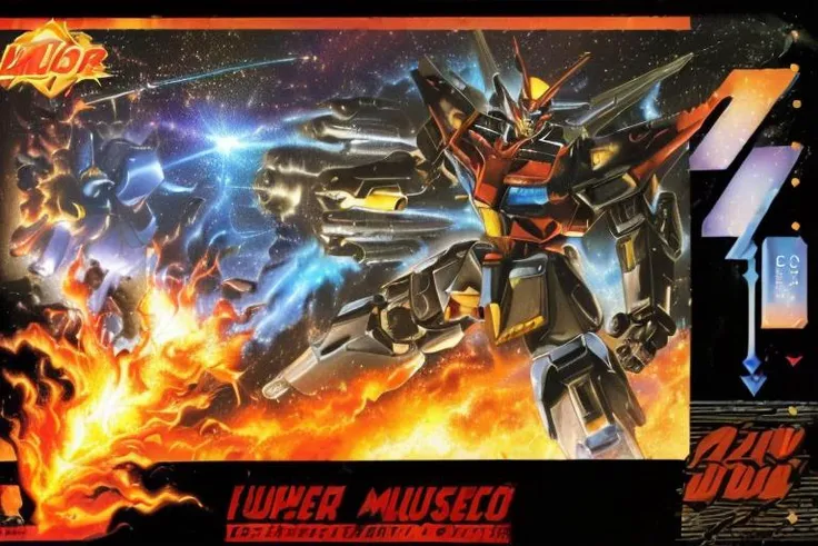 (masterpiece, best quality, highres, absurdres, ultra-detailed:1.3), <lora:SnesBoxArtV1:1.0>(1boy, solo, box art, cover, english text, copyright name:1.2), (meteor, mecha, robots, lazer beams, explosion, fire, action, smoke:1.5)