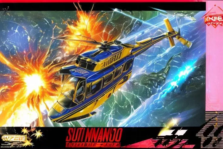 (masterpiece, best quality, highres, absurdres, ultra-detailed:1.3), <lora:SnesBoxArtV1:1.0>(1boy, solo, box art, cover, english text, copyright name:1.2), (helicopter, speed lines, lazer beams, explosion, fire, smoke:1.4)