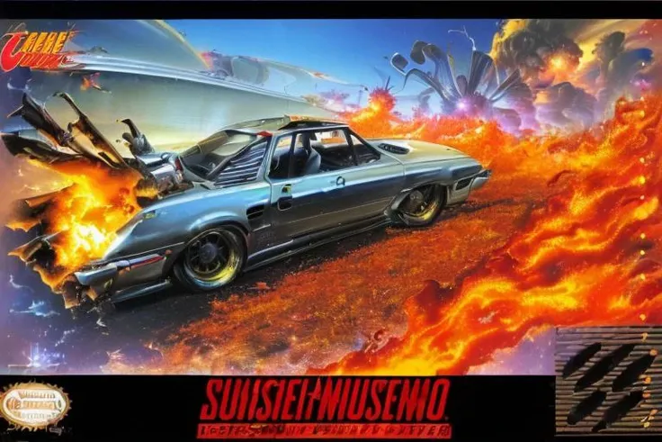 (masterpiece, best quality, highres, absurdres, ultra-detailed:1.3), <lora:SnesBoxArtV1:1.0>(1boy, solo, box art, cover, english text, copyright name:1.2), (cars and planes, explosion, fire, action, smoke:1.5)