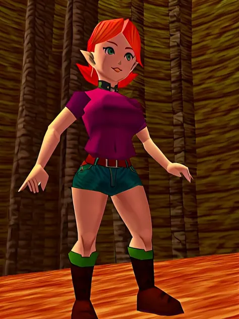 <lora:SakuraVRC:0.5>, SakuraVRC, (masterpiece), (best quality), 1girl, solo, red hair, short hair, green eyes, blush, shy, happy, shirt, short sleeves, black shirt, midriff, navel, denim shorts, pantyhose, black legwear, castle, standing, cowboy shot, <lora:ocarinaOfTimeStyleLow_oot254:0.8>