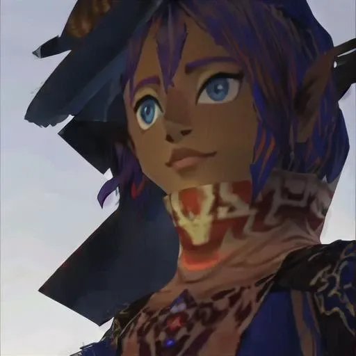 <lora:ocarinaOfTimeStyleLow_oot254:0.9>, blue eyes, dark hair, dark skin, red scarf