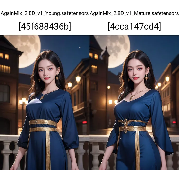 (1girl:2),(8k, best quality,high quality clothes,masterpiece:1.2),rich facial texture,1girl,black_hair,(dingdall effect),(smile:1.1),elegant,blue clothes,exquisite eyes,beautiful pendant,evening,full moon,wide shot,arms at sides