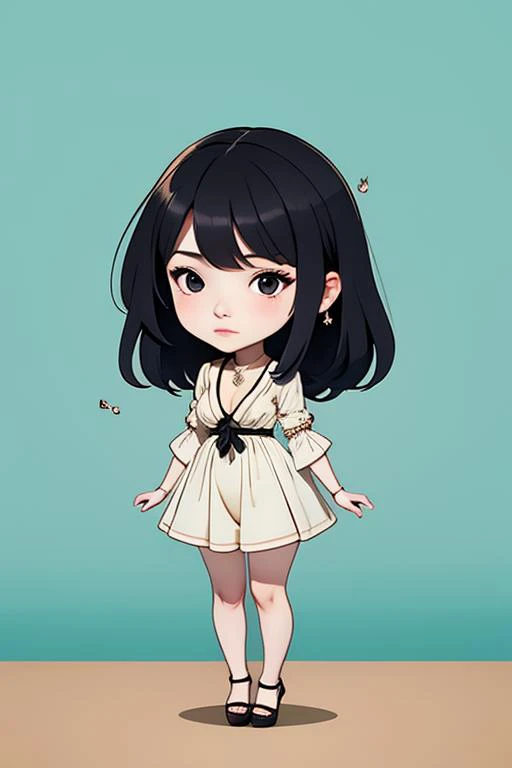 <lora:AgainChibiLora_v1:1>,1girl, solo, jewelry, black hair, necklace, dress, black eyes, black dress, black footwear, full body, breasts, (sea:1.2),