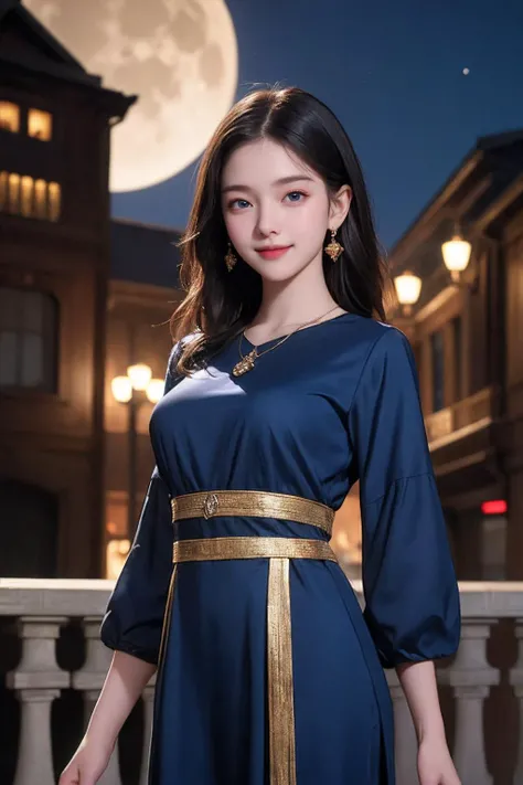 (1girl:2),(8k, best quality,high quality clothes,masterpiece:1.2),rich facial texture,1girl,black_hair,(dingdall effect),(smile:1.1),elegant,blue clothes,exquisite eyes,beautiful pendant,evening,full moon,wide shot,arms at sides