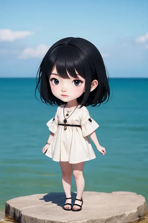 <lora:AgainChibiLora_v1:1>,1girl, solo, jewelry, black hair, necklace, dress, black eyes, black dress, black footwear, (full body:1.2), (sea:1.2),