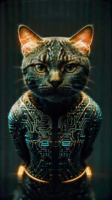 macro photography of futuristic cyborg cat, Abstract neon light, glowing, (CircuitBoardAI:1.3) <lora:CircuitBoardAI:1>