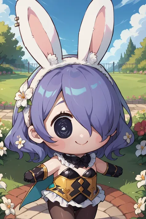 score_9, score_8_up, source_anime, 1girl, solo BREAK  <lora:style_beegsmol_ponyXL:1> chibi <lora:camilla-pdxl-nvwls-v1:0.8> sprCm, hair over one eye, fake rabbit ears, hairband, hair flower, frilled choker, leotard, black gloves, pantyhose, smile, garden, blue sky, flowers