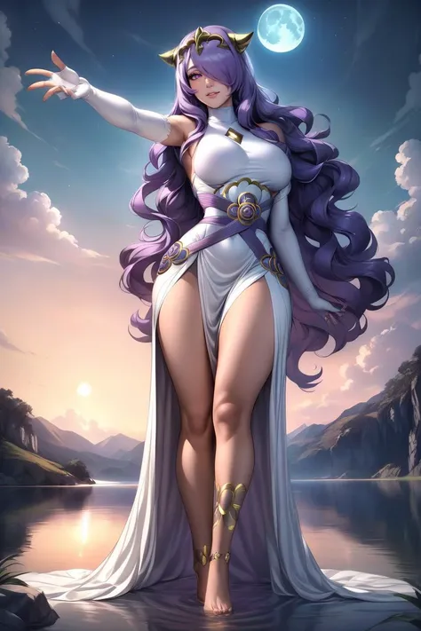 masterpiece, best quality, solo, 1girl, <lora:camilla-xl-nvwls-v1:1> adrCamilla, hair over one eye, gold tiara, gold horns, white dress, long dress, white elbow gloves, anklet, looking at viewer, outstretched arm, lake, moon, glowing