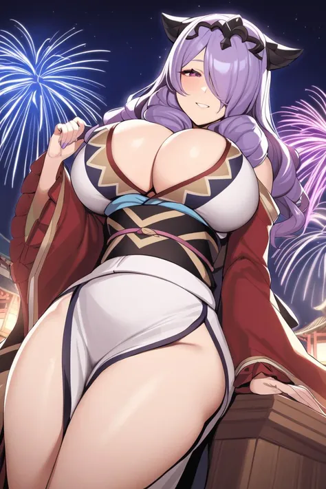 very aesthetic, masterpiece, best quality, solo, 1girl, <lora:camilla-xl-nvwls-v1:1> nyCamilla, hair over one eye, black tiara, cleavage, red and white kimono, black sash, red sleeves, wide sleeves, japanese architecture, large breasts, night sky, fireworks, smile