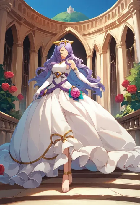 score_9, score_8_up, score_7_up, source_anime, solo, 1girl, adrCm, smile, hair over one eye, closed eyes, gold tiara, gold horns, white dress, long dress, white elbow gloves, anklet, arch, rose <lora:camilla-pdxl-nvwls-v1:1>