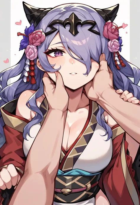 score_9, score_8_up, source_anime, <lora:camilla-pdxl-nvwls-v1:1>, nyCm, hair over one eye, black tiara, hair flower, pink flower, cleavage, red and white kimono, black sash, wide sleeves, hand on another's cheek, pov hand