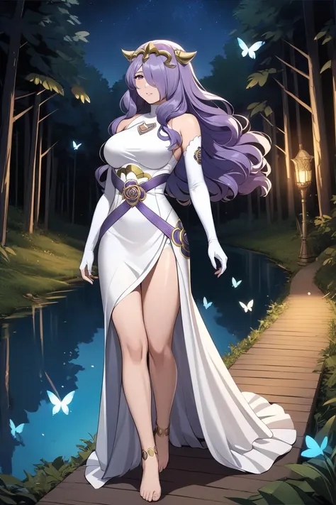 masterpiece, best quality, solo, 1girl, <lora:camilla-xl-nvwls-v1:1> adrCamilla, hair over one eye, gold tiara, gold horns, white dress, long dress, white elbow gloves, anklet, walking, wide shot, path, forest, lake, night, butterflies
