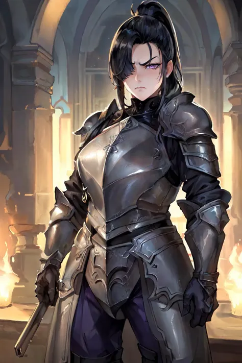 (masterpiece, best quality, high quality, highres:1.4), detailed, extremely detailed, ambient soft lighting, 4K, 1girl, (mature female, milf:1.2), (long hair, black hair, hair over one eye, long ponytail:1.3), (purple eyes, frowning:1.2), (armor:1.2), (holding an helmet under her arm, hand on hip:1.1), dark fantasy <lora:milfWeightEdit_v1:0.5> <lora:jujunaughtStyleLora_v10:0.3> <lora:envybetterhandsLocon_beta2:1> <lora:heavyPlateKnight_v10:0.5>