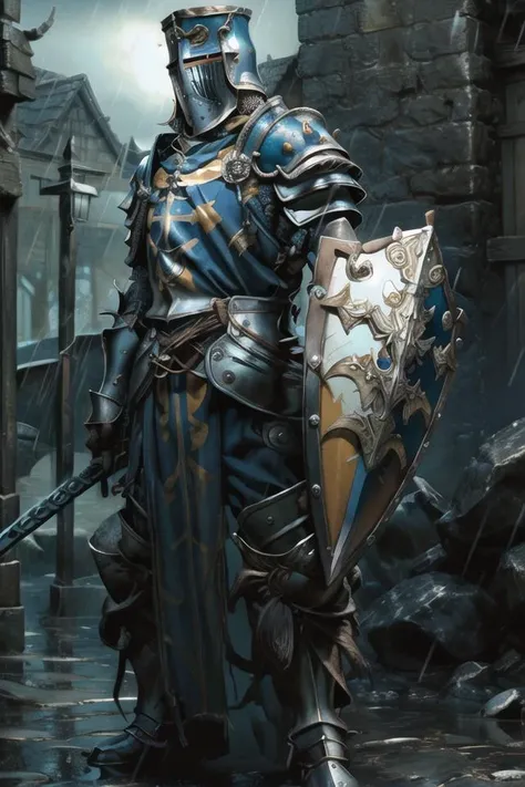 close-up RAW photo, detailed textures, sharp focus, ultra-high pixel detail, intricate, realistic, movie scene, cinematic, high-quality, full colors, incredibly detailed, 4k, 8k, 16k, hyper-realistic, RAW photo, masterpiece, ultra-detailed, professionally color graded, professional photography
photograph of a Teutonic Order Knight on a battle line, dark skies, dark clouds, (heavy rain:1.2), reflections in armor, battle, great sword held in one hand, belts, massive pauldrons, teutonic winged helmet, teutonic shield, early crusader helmet, bascinet, towering figure. <lora:RogueMask:0.8>