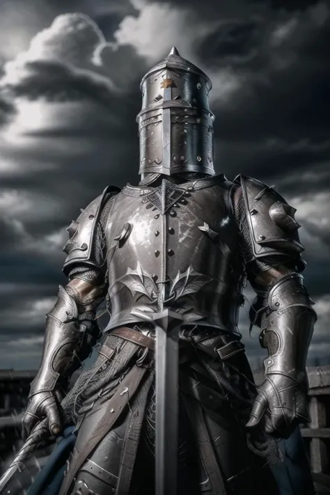 close-up RAW photo, detailed textures, sharp focus, ultra-high pixel detail, intricate, realistic, movie scene, cinematic, high-quality, full colors, incredibly detailed, 4k, 8k, 16k, hyper-realistic, RAW photo, masterpiece, ultra-detailed, professionally color graded, professional photography
photograph of a Teutonic Order Knight on a battle line, dark skies, dark clouds, (heavy rain:1.2), reflections in armor, battle, great sword held in one hand, belts, massive pauldrons, teutonic winged helmet, teutonic shield, early crusader helmet, bascinet, towering figure. <lora:RogueMask:0.8>