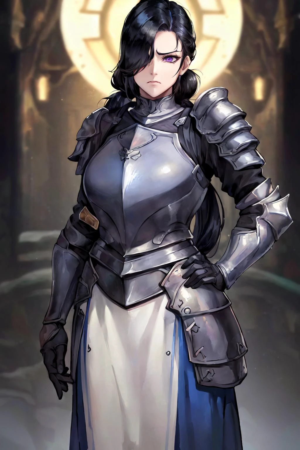(masterpiece, best quality, high quality, highres:1.4), detailed, extremely detailed, ambient soft lighting, 4K, 1girl, (mature female, milf:1.2), (long hair, black hair, hair over one eye, long ponytail:1.3), (purple eyes, frowning:1.2), (armor:1.2), (holding an helmet under her arm, hand on hip:1.1), dark fantasy <lora:milfWeightEdit_v1:0.5> <lora:jujunaughtStyleLora_v10:0.3> <lora:envybetterhandsLocon_beta2:1> <lora:heavyPlateKnight_v10:0.5>