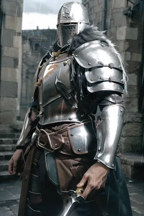 close-up RAW photo, detailed textures, sharp focus, ultra-high pixel detail, intricate, realistic, movie scene, cinematic, high-quality, full colors, incredibly detailed, 4k, 8k, 16k, hyper-realistic, RAW photo, masterpiece, ultra-detailed, professionally color graded, professional photography
photograph of a Teutonic Order Knight on a battle line, dark skies, dark clouds, (heavy rain:1.2), reflections in armor, battle, great sword held in one hand, belts, massive pauldrons, teutonic winged helmet, teutonic shield, early crusader helmet, bascinet, towering figure. <lora:RogueMask:0.8>