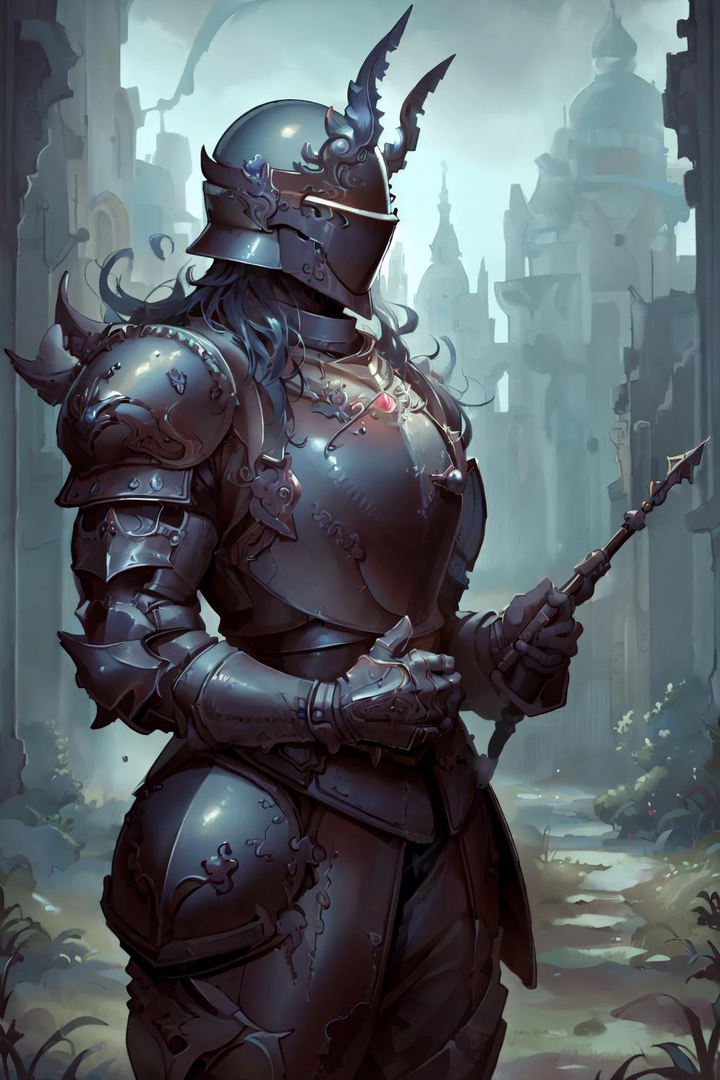 (masterpiece, best quality, high quality, highres:1.4), detailed, extremely detailed, ambient soft lighting, 4K, 1girl, (mature female, milf:1.2), (helmet, armor:1.2) dark fantasy, outdoor, gothichorrorai, fairytaleai <lora:milfWeightEdit_v1:0.5> <lora:jujunaughtStyleLora_v10:0.3> <lora:envybetterhandsLocon_beta2:1> <lora:heavyPlateKnight_v10:0.5> <lora:gothichorrorai_v10:0.5> <lora:fairytaleai_v10:0.5>