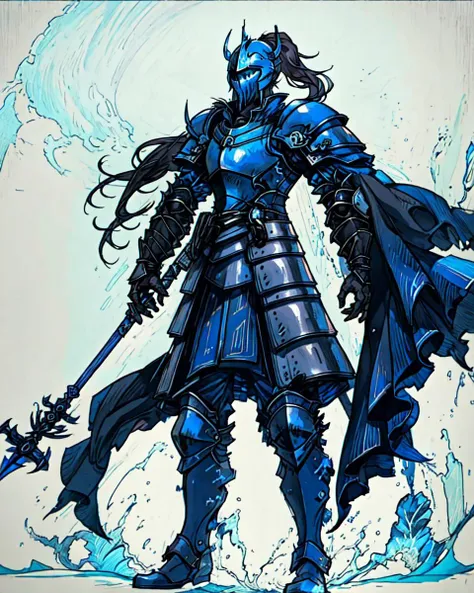 (solo), heavyknight, (((blue)) Ravenclaw knight), (blue tall_ponytail), ((male)), (black hair, fullbody), (helmet, armor:1.2), 
standing,
<lora:RogueMask:0.3>, ufotable official art, pastel colors, <lora:fantasy_20230707233406:0.2>, <lora:akagi_shun_offset:0.5>, <lora:epeulu-res:0.5>, <lora:gmstyle:0.5>, <lora:nomura_tetsuya_offset:0.5>, <lora:ff16style:0.5>, <lora:amano_yoshitaka_offset:0.3>, <lora:nijjj:0.3>