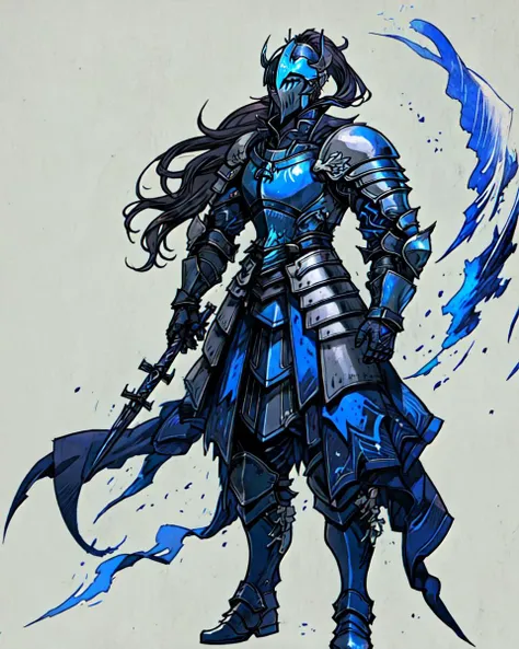 (solo), heavyknight, (((blue)) Ravenclaw knight), (blue tall_ponytail), ((male)), (black hair, fullbody), (helmet, armor:1.2),
standing,
<lora:RogueMask:0.3>, ufotable official art, pastel colors, <lora:fantasy_20230707233406:0.2>, <lora:akagi_shun_offset:0.5>, <lora:epeulu-res:0.5>, <lora:gmstyle:0.5>, <lora:nomura_tetsuya_offset:0.5>, <lora:ff16style:0.5>, <lora:amano_yoshitaka_offset:0.3>, <lora:nijjj:0.3>
