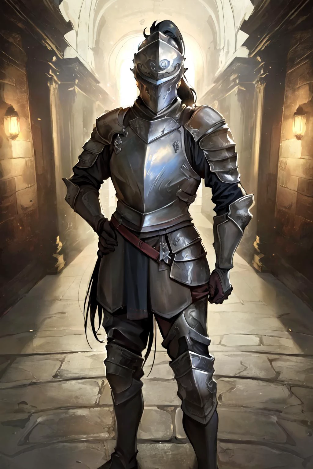 (masterpiece, best quality, high quality, highres:1.4), detailed, extremely detailed, ambient soft lighting, 4K, 1girl, (mature female, milf:1.2), (long hair, black hair, long ponytail:1.3), (helmet, armor:1.2), (hand on hip:1.1), dark fantasy <lora:milfWeightEdit_v1:0.5> <lora:jujunaughtStyleLora_v10:0.3> <lora:envybetterhandsLocon_beta2:1> <lora:heavyPlateKnight_v10:0.5>