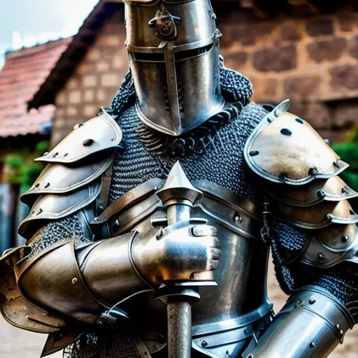 an heavyknight, standing in front of medieval village, holding a mace,waering armor, tabar, full-length photo, 70mm lens, symmetrical, posing, sharp, textured skin, realistic,intricated detailed, detailed gauntlet ,(perfect fingers:1.2), photographed by a Nikon Z7 II Camera,(high detailed armor:1.2),8k uhd, <lora:heavyknight:0.8>