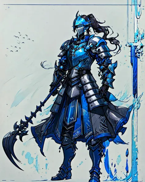 (solo), heavyknight, (((blue)) Ravenclaw knight), (blue tall_ponytail), ((male)), (black hair, fullbody), (helmet, armor:1.2),
standing,
<lora:RogueMask:0.3>, ufotable official art, pastel colors, <lora:fantasy_20230707233406:0.2>, <lora:akagi_shun_offset:0.5>, <lora:epeulu-res:0.5>, <lora:gmstyle:0.5>, <lora:nomura_tetsuya_offset:0.5>, <lora:ff16style:0.5>, <lora:amano_yoshitaka_offset:0.3>, <lora:nijjj:0.3>