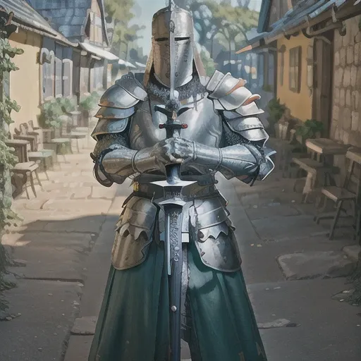 an heavyknight, standing in front of medieval village, holding a mace,waering armor, tabar, full-length photo, 70mm lens, symmetrical, posing, sharp, textured skin, realistic,intricated detailed, detailed gauntlet ,(perfect fingers:1.2), photographed by a Nikon Z7 II Camera,(high detailed armor:1.2),8k uhd, <lora:heavyknight:0.8>