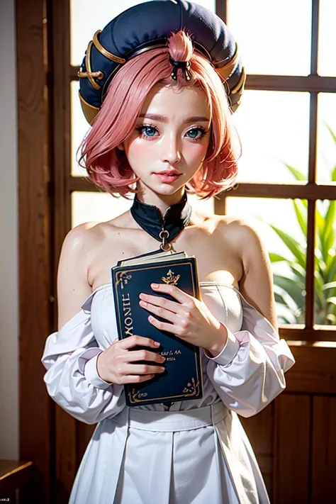 high resolution, ultra-realistic, 1 girl, casual clothes, white clothes, <lora:diona2:0.95> dionadef, dionarnd, pink haired, cinematic light, ray light, best quality, fake anime ear, hat, holding a book, grimoire