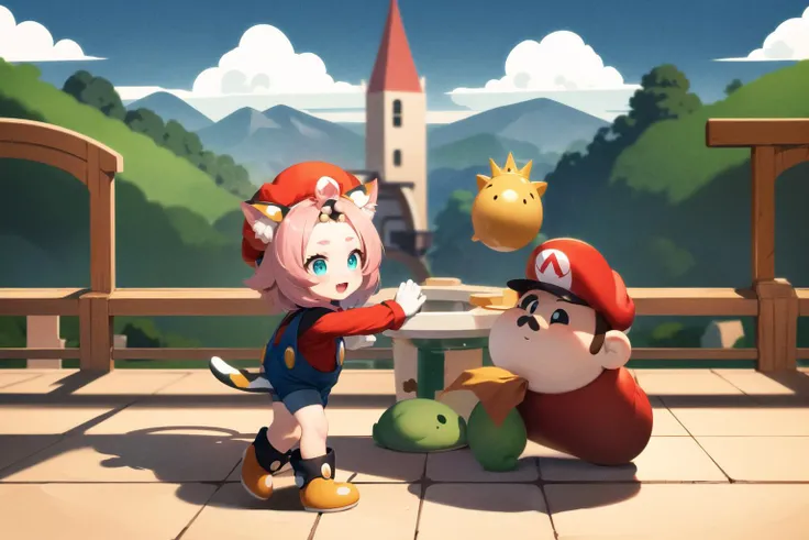 masterpiece, best quality, solo, , small eyes, (super m(cosplay):1.2), Mario (cosplay):1.2, dionarnd, tail, red cap:1.1, blue overall, red shirt, brown boots, :d, super mario bros theme, <lora:diona2-000010:1>